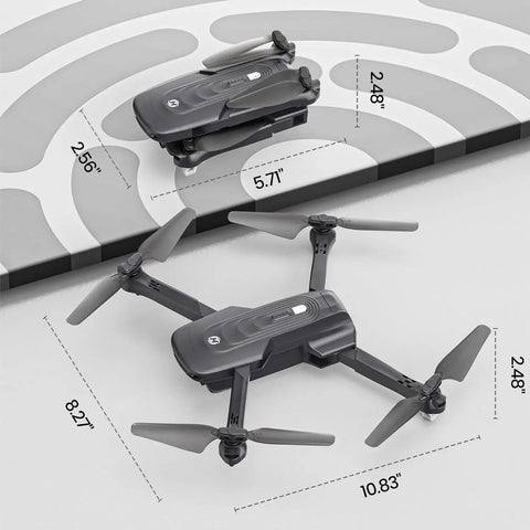 Compact GPS Drone With 4K Camera For Adults Under 249g Foldable RC Quad Copter dimensions shown on display.