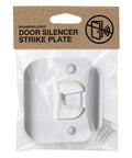White Door Silencer Strike Plate That Quietly Fixes Loud Latches And Stops Slamming, shown in packaging, with screws, single pack