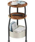 3 Tier Round Side Table With Storage Basket 24 Inch Tall Rustic Brown Space Saving End Table For Tight Spaces Sofa Side Table Or Nightstand