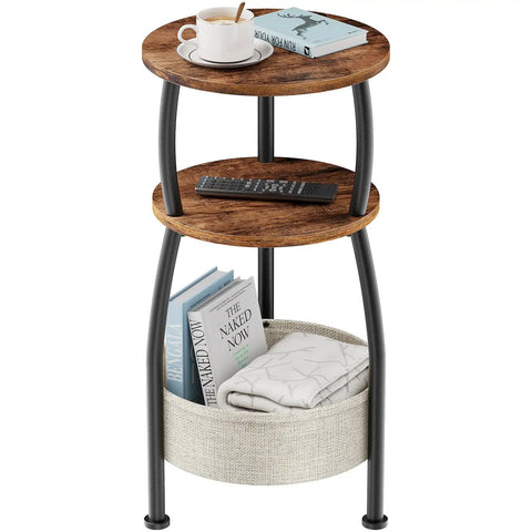 3 Tier Round Side Table With Storage Basket 24 Inch Tall Rustic Brown Space Saving End Table For Tight Spaces Sofa Side Table Or Nightstand