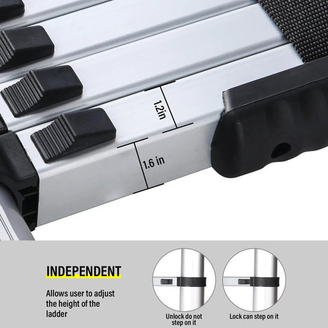 Close-up of 8.5 Foot Telescoping Ladder With One Button Retraction showing the locking mechanism and measurements on lightweight aluminum