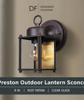 Rust Patina Porch Outdoor Wall Lantern Sconce With Clear Glass Eight Inch Height Modern Yet Classic Back Plate