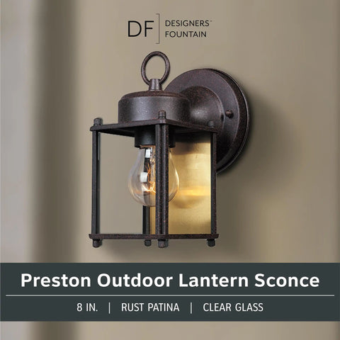 Rust Patina Porch Outdoor Wall Lantern Sconce With Clear Glass Eight Inch Height Modern Yet Classic Back Plate