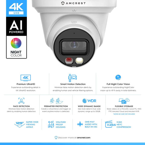 2 Pack 4K AI PoE Outdoor Turret Camera System with Built In Mic, Night Color Night Vision, AI features displayed on camera image