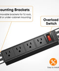 Plug And Play 10 Inch Rack PDU With Four AC Outlets showcases removable brackets and an overload switch for easy installation.