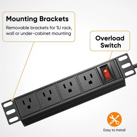 Plug And Play 10 Inch Rack PDU With Four AC Outlets showcases removable brackets and an overload switch for easy installation.