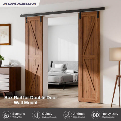 10 Foot Double Barn Door Hardware Kit Box Rail Wall Mount Exterior Beefy Heavy Duty Aluminum Track Supports Up To 330 Lbs framed in wood