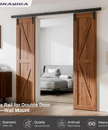 Double Barn Door Hardware, Twelve Foot Heavy Duty Aluminum Box Rail, Smooth Glide Sliding Track System, wall mount design with wooden double doors.