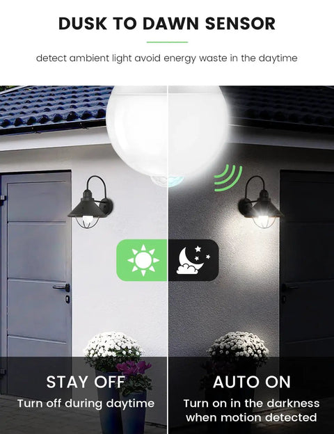 Outdoor Motion Sensor LED Bulbs 13W 100W Equivalent Dusk To Dawn PIR Infrared Motion in use on porch showing day and night mode.