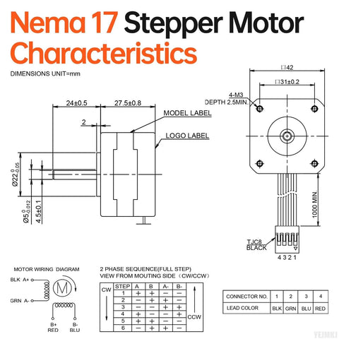 Technical diagram of 5 Pack Nema 17 Stepper Motors 2 Phase 1.8 Degree Beefy Torque Bipolar 28mm Body With 24mm Shaft