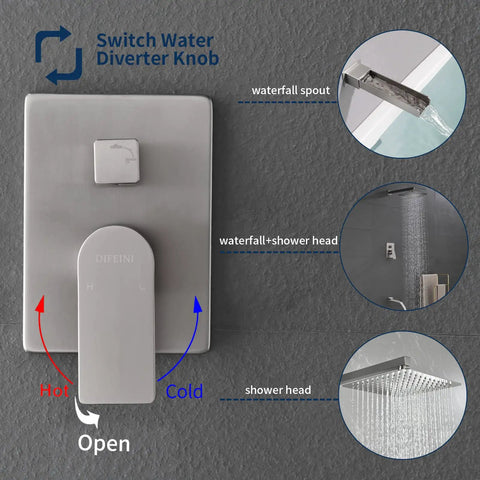 Matte Black Shower Faucet Set With Waterfall Tub Spout, Wall Mounted Tub And Shower Trim Kit With Rough-In Valve, diverter knob