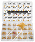 Capacitor Kit With 485 Pcs Multilayer Ceramic Assortment in 24 pF Values, open case displaying capacitors from 1pF to 1000pF