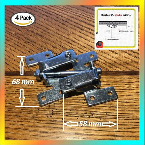 Double Action Countertop Joint Fasteners 4 Pack With Adjustable Flip Bolts, steel, displayed on wood surface with dimensions.