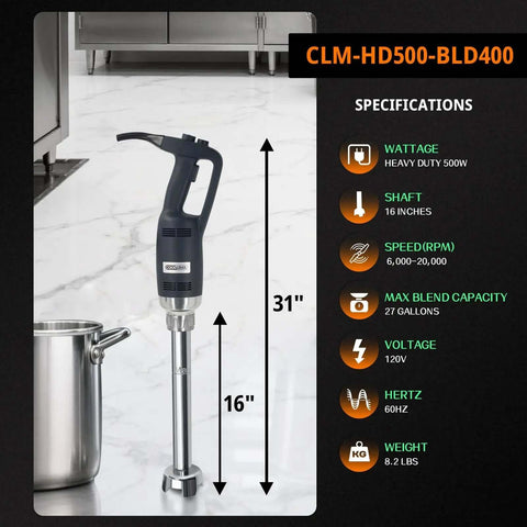 Heavy Duty Commercial Immersion Blender 500 Watt Variable Speed Hand Mixer With 16 Inch Removable Shaft next to a stainless steel pot.