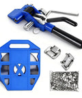 Super Heavy Duty Stainless Steel Strapping Kit With Manual Tensioner Tool and One Hundred Rugged Steel Banding Buckles displayed.