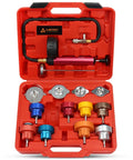 Coolant Pressure Tester Kit With Manual Pump And Adapters For Cars Trucks Motorcycles For DIYers And Pros Leak Down Radiator Gauge 0 to 35 psi 3 Inch Dial 14 Piece Automotive Tool Set Red in open red case with adapters, gauge, and manual pump visible.