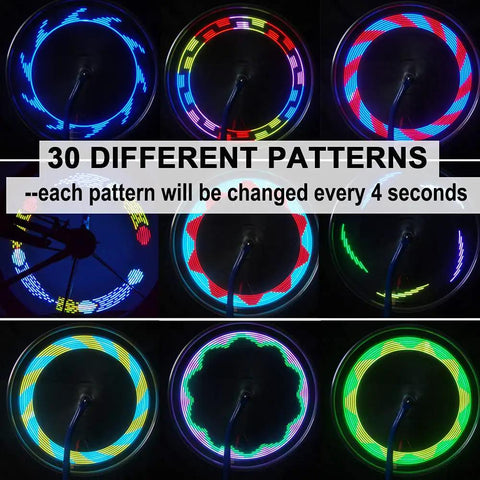 Rechargeable LED Bike Wheel Lights Spoke Lights Waterproof For Night Riding with 30 pattern spoke LEDs displayed in different colors