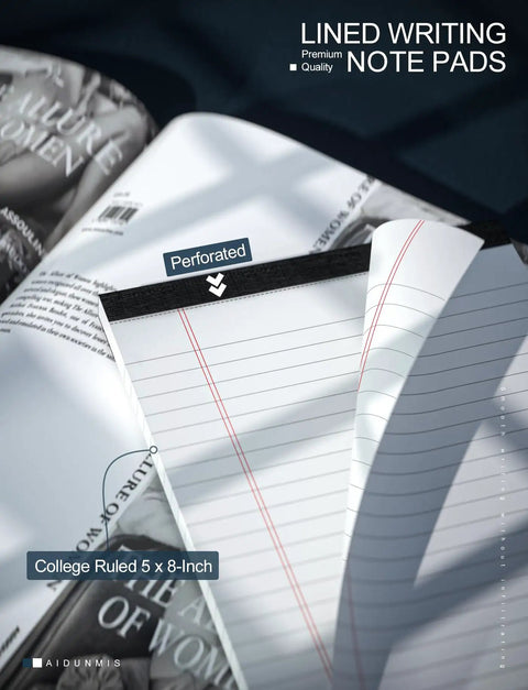 5x8 Legal Pads For Work And School, 80 GSM Paper, College Ruled Notepads, 30 Sheets Each, 6 Pack displayed on a desk