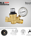 Renator RV water pressure regulator with gauge; brass lead-free body for camper/travel trailer, M11-0660R