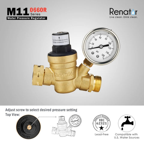 Renator RV water pressure regulator with gauge; brass lead-free body for camper/travel trailer, M11-0660R