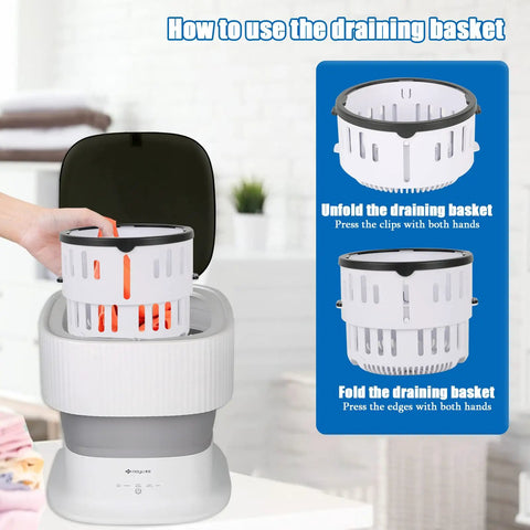 Instruction for using drainer basket in Ultra Portable Mini Washing Machine With Foldable Design And Spin Dryer Lightweight Washer For Travel RV Life Apartments Camping Dorms Perfect For On The Go Underwear Kids Clothes Pets And Small Loads