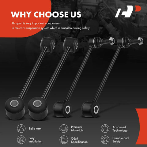 Set Of Four Front And Rear Sway Bar End Links Kit Stabilizer Bar Links For Jeep Grand Cherokee 2005 To 2010 And Commander 2006 To 2010 Easy Install Replacement For Smoother Ride And Better Handling shown with OEM specification icons