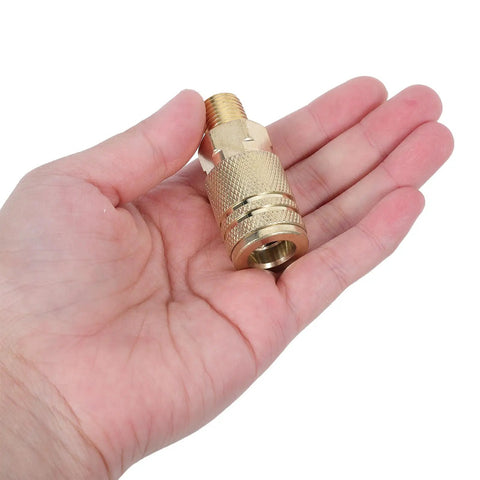 Heavy Duty Quarter Inch NPT Quick Connect Coupler Set For Air Compressors 12 Piece Industrial Pneumatic Fittings Kit With Cast Steel Self Sealing Joints Smooth Gas Flow Male End Pro Grade Spray, brass coupler in hand