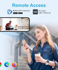 Woman using phone app for 4MP PoE IP Dome Camera With Built In Microphone For Indoor Outdoor Surveillance, remote access interface.