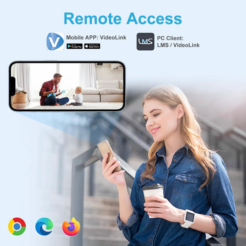 Woman using phone app for 4MP PoE IP Dome Camera With Built In Microphone For Indoor Outdoor Surveillance, remote access interface.