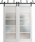 Quadro 4002 Bypass Sliding Door Set With Frosted Glass Panels, White MDF, 72 by 96 Inches, Modern Barn Style installed