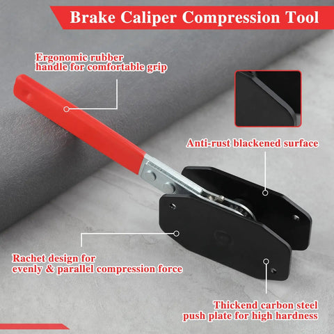 360 Degree Adjustable Brake Caliper Compression Tool with Piston Spreader showing rubber handle, anti-rust surface, side view.
