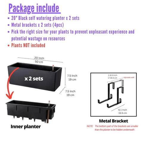 Super Sleek Two Pack Rail Planters For Balcony And Deck Twenty Inch Self Watering Garden Boxes In Matte Black with metal brackets and measurements displayed.
