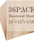 Front view of 36-pack basswood sheets, 12x12 inches, 1/16 inch thick, unfinished wood for laser cutting and crafts