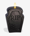 Dope Flameless Dual Moving Flame Skeleton Skull Candle with real wax look, black tombstone design, LED light, 5.85x7.5 inch.