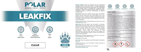 Image of Clear Leak Fix Paint Sealant With Reinforced Fibers, 35 Oz label, highlighting its one coat waterproof application details.