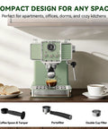 Top Notch Semi Automatic Espresso Maker With Built In Milk Steamer And 20 Bar Pressure Engineered For Your Daily Grind With Boss Level Craftsmanship In Vintage Green Finish on kitchen counter.