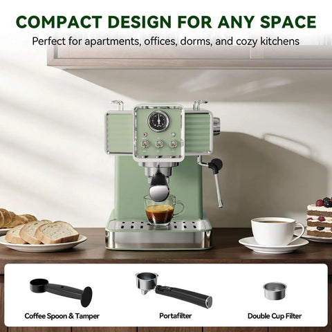 Top Notch Semi Automatic Espresso Maker With Built In Milk Steamer And 20 Bar Pressure Engineered For Your Daily Grind With Boss Level Craftsmanship In Vintage Green Finish on kitchen counter.