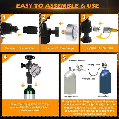 Nitro Charged Hydraulic Accumulator Kit With Nitrogen Charging And Pressure Test Gauges assembly guide steps.