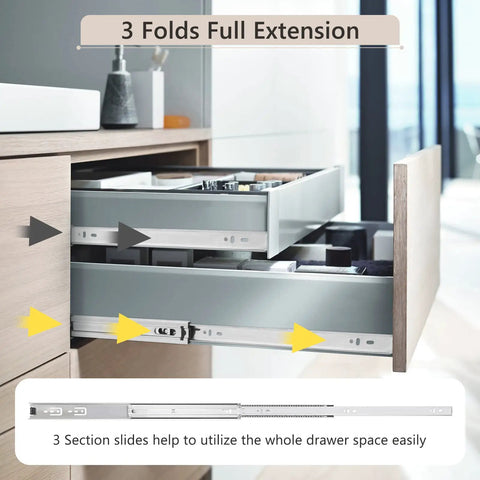 Open drawer showing six pairs heavy duty 20 inch drawer slides with full extension rails and glides ball bearing side mount.