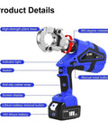 Heavy Duty Hydraulic Crimping Tool Electric With 12 Dies And Rechargeable Battery For Heat Shrink Connectors Terminal Wire Cable product details.