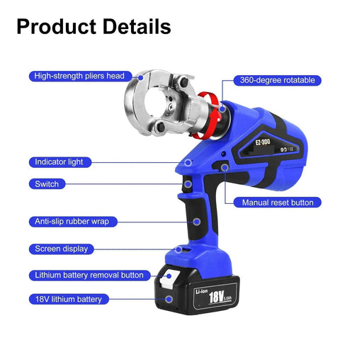 Heavy Duty Hydraulic Crimping Tool Electric With 12 Dies And Rechargeable Battery For Heat Shrink Connectors Terminal Wire Cable product details.