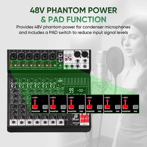 Eight Channel Audio Mixer Console For Pro Sound With 99 DSP Effects Seven Band EQ USB And Bluetooth 48V Phantom Power