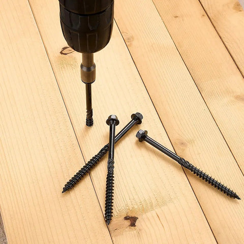 Heavy Hitter Deck Screws 14 X 4 Inch Hex Head Wood Structural Fasteners in use with a power drill on wooden planks.