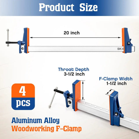 4 Pack 24 Inch Parallel Clamps For Woodworking DIY Furniture Assembly And Craft Projects Lightweight Aluminum F Clamps Built Tough For Precision Clamping Perfect For Cabinets Desks And Craft Tables, 20 inch aluminum F-clamp, 4 pcs