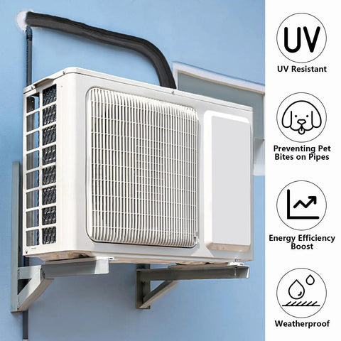 Outdoor AC unit with Three Layer Outdoor AC Pipe Insulation Wrap 72x10.2 Inches Weatherproof 600D Oxford exterior installed on wall