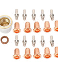 Ultimate 23 Piece Plasma Cutter Torch Consumables Kit With Sturdy Brass Cups Electrodes Nozzles And Bracket For PT-60 PT-40 Series Cutting Gear components including copper nozzles and brass cup.