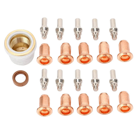 Ultimate 23 Piece Plasma Cutter Torch Consumables Kit With Sturdy Brass Cups Electrodes Nozzles And Bracket For PT-60 PT-40 Series Cutting Gear components including copper nozzles and brass cup.