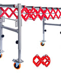 Heavy Duty Adjustable Conveyor Roller Table With 2 Hooks Supports Up to 600 Lbs, Red and silver design with adjustable height.