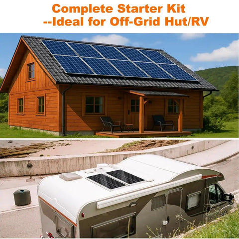 Complete 3000W 24V Solar Power Kit with solar panels on house roof and RV, ideal for off-grid use.