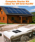 1.92Kwh Off Grid Solar Kit With 4X120W Monocrystalline Panels And 2X100Ah LiFePo4 Batteries Featuring 3000W Inverter And MPPT Controller For Rv Camper Truck Off Road Ready Plug And Play Power Setup That Slays Any Road Trip, showing solar panels on a cabin and RV roof.